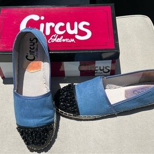 Women’s shoes. Fashionable denim espadrilles with black stones. Worn once.